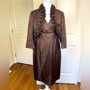 Adrianna Pappell brown cocktail dress and jacket with ruffle detail. Size 12P
